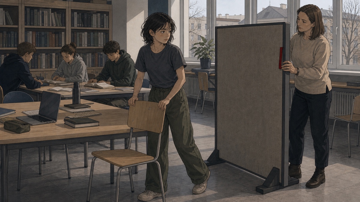 Ilustrace dívky, která přesouvá židli ve studovně, a dospělé ženy s akustickou přepážkou. U nedalekého společného stolu pracují další žáci.