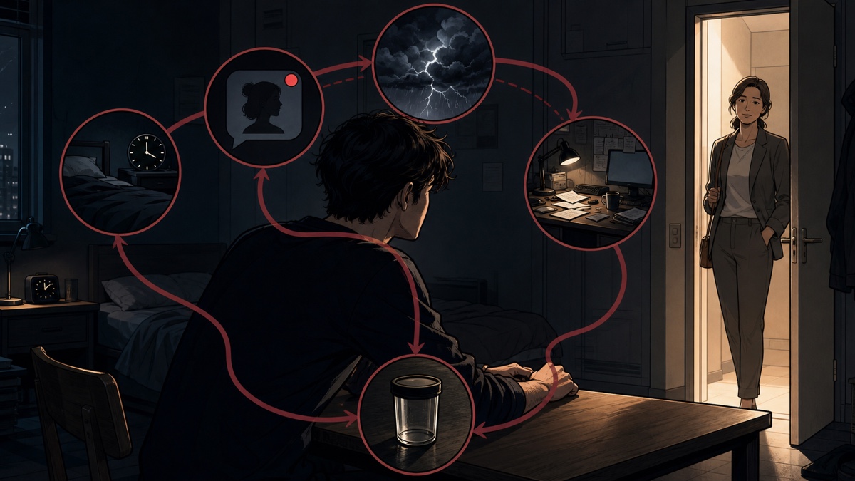 Člověk sedí u stolu uvnitř kruhu spojujícího užívání se spánkem, vztahy, stresem a prací, zatímco ve dveřích čeká pomoc.